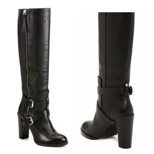 Black leather knee high boots with side zip and buckles